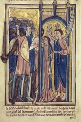 Lot offrar sina döttrar till invånarna i Sodom, från en bok med bibelbilder, ca 1250